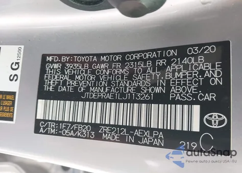 2020 Toyota Corolla Le z USA, uszkodzony, nr VIN JTDEPRAE1LJ113261
